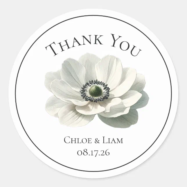 Elegant Anenome Flower Wedding Black & White Classic Round Sticker