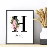 Vintage Pink Rose Gold Floral Monogram Poster