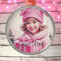 Vintage Pink Little Girl Christmas Joyeux No&#235;l Metal Ornament