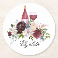 Boho Burgundy Blush Dusty Blue Wine Round Paper Coaster