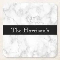 Personalized White Gray and Black Marble Square Paper Coaster