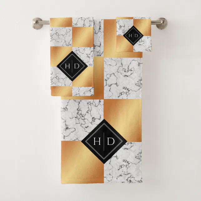 Elegant Marble & Copper Foil Monogram Wedding Bath Towel Set