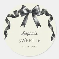 Elegant Watercolor Coquette Black Bow Sweet 16 Classic Round Sticker