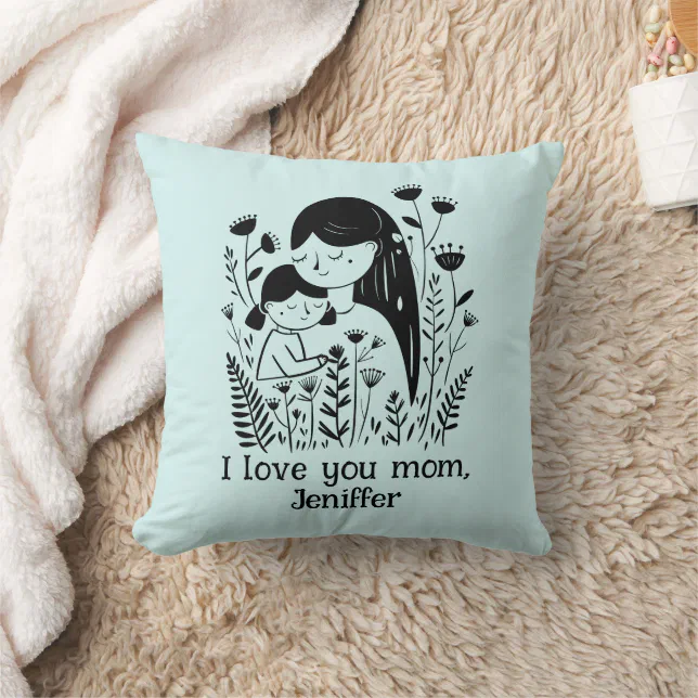 Cute Mother & Daughter Hugging Mother's Day Blue Throw Pillow