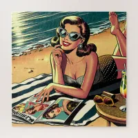 Retro Woman at Beach reading a Fashion Magazine Jigsaw Puzzle