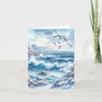 Serene Winter Watercolor Coastal Seascape Blank Note Card