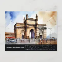 Gateway of India Mumbai Watercolor Painting Postcard