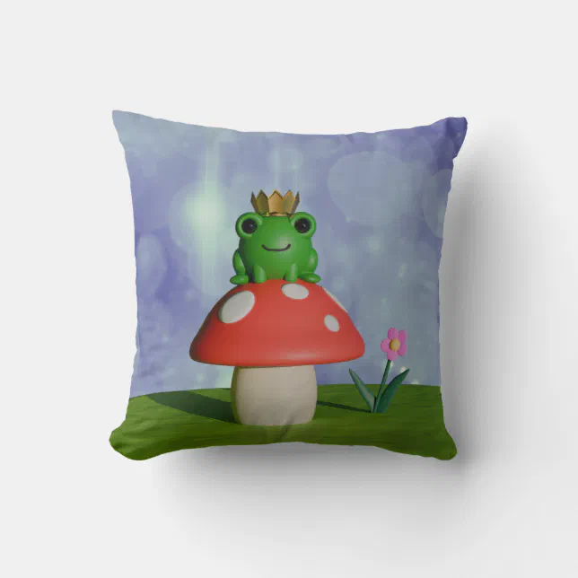 Cute Cartoon Frog Wearing a Crown on a Mushroom Throw Pillow