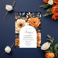 Navy Blue, Burnt Orange and Champagne Wedding Invitation