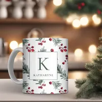 Elegant Christmas Watercolor Botanical Monogram Coffee Mug