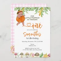 Pumpkin Turning One Mushrooms Plaid 1st Birthday Invitation