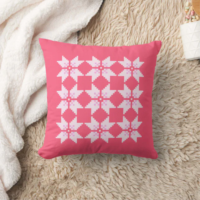 Christmas Nordic Knit Pattern White Snowflake Pink Throw Pillow