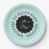 Personalized Baby Shower Teal Chevron Paper Plates