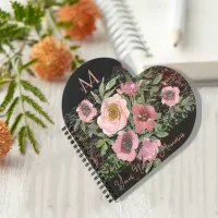 Pink Floral Black Heart-Shaped  Notebook