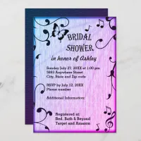 Music, Butterfly, Leaves Blue Purple Bridal Shower Invitation