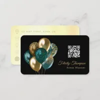 Teal and Gold Balloons Event Planner QR Code Business Card