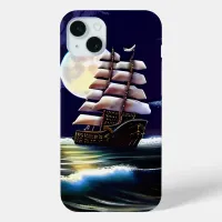 Illuminated Ship on the Ocean under the Moon iPhone 15 Plus Case