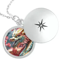 Fire breathing dragon gold blue and red scales locket necklace