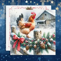 Watercolor Rooster on a Fence Post Christmas Holiday Card