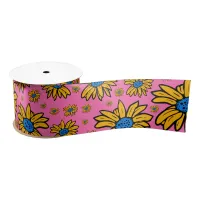 Pretty Daisies Yellow Blue Pink  Satin Ribbon