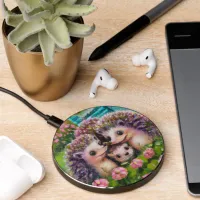 Cute Hedgehog Family in English Country Garden Wireless Charger