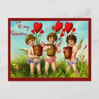 Vintage Valentine Cupids Holding Red Heart Plants Holiday Postcard