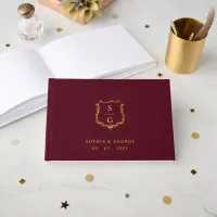 Elegant Monogram Crest Burgundy and Gold Wedding Foil Guest Book