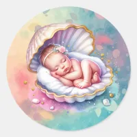 Baby Girl in a Seashell Baby Shower  Classic Round Sticker