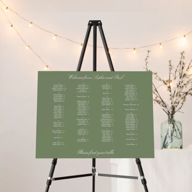 Sage Green Alphabetical Seating Chart Foam Board