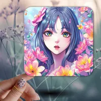 Beautiful Anime Girl and Flowers Square Sticker