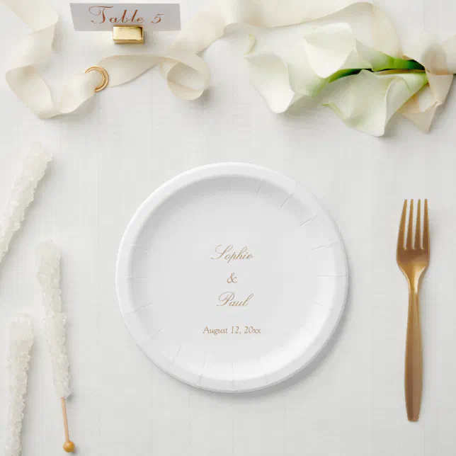 Elegant Golden Beige Script Wedding Paper Plates