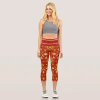 Festive Red & Gold Christmas Capri Leggings