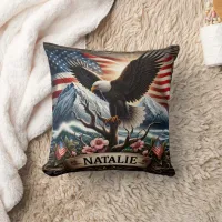 Eagle on Tree With Flag Background Throw Pillow