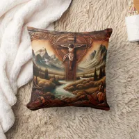 Jesus on the Cross in Serene Mountain Landscape Throw Pillow