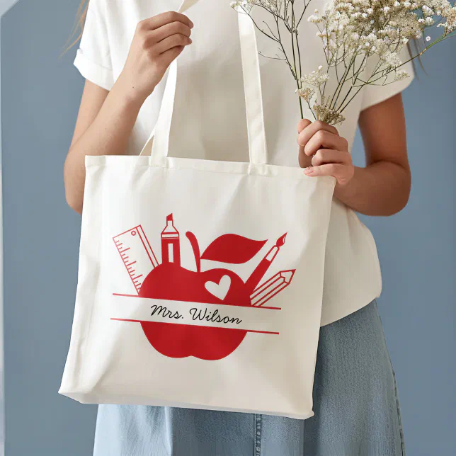 Personalized school teacher tote bag | red apples