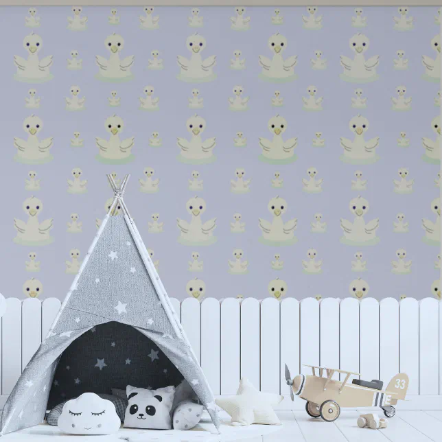 Mommy Swan And Cygnets On Mint Green And Blue Kids Wallpaper