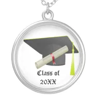 Graduation Class of 20XX Black Cap & Diploma Silver Plated Necklace