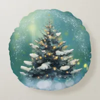 Beautiful Christmas Tree with Snow and Gold Lights Round Pillow