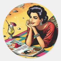 Retro Lady at Beach Daydreaming about Fashion Classic Round Sticker