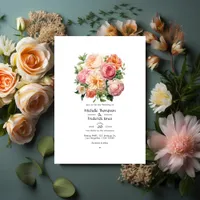 Peach, Green and Pastel Pink Floral Summer Wedding Invitation