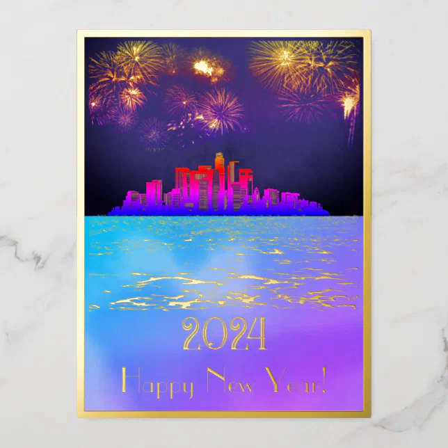 New year’s golden fireworks over the city foil holiday postcard