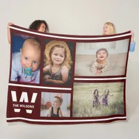 Burgundy Stripes Multiple Photos Custom Monogram Fleece Blanket