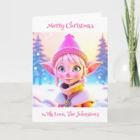 Cute Pink Elf Whimsical Personalized Christmas Card