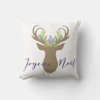 Boho French Christmas Reindeer Joyeaux Noel Throw Pillow