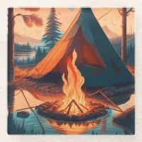 Tent and Campfire Vintage Colors Art Glass Coaster