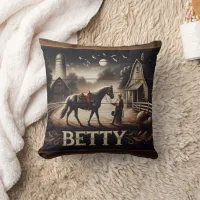 Horse and Rider Near Barn at Dusk Throw Pillow