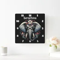 Floral dawn elephant art square wall clock