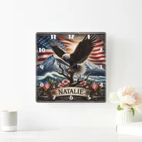 Eagle on Tree With Flag Background Square Wall Clock