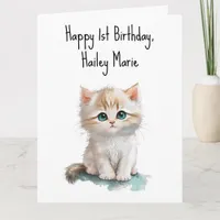 Personalized First Birthday Kitten with Blue Eyes  Card