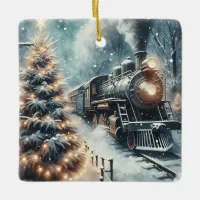 Old-Fashioned Train and Vintage Winter Scene Ceramic Ornament